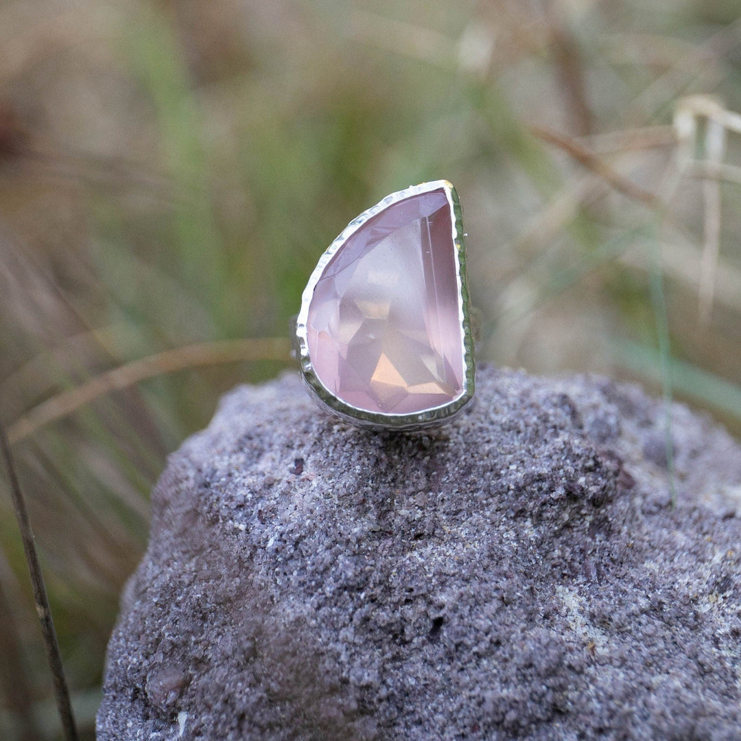 Faceted Rose Quartz Ring in Sterling Silver Setting - Size 9 US