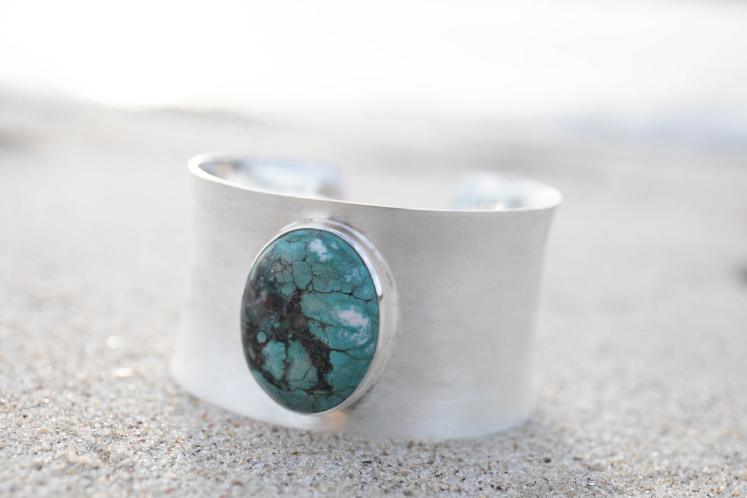 Turquoise Cuff Bangle in Solid Brushed Sterling Silver