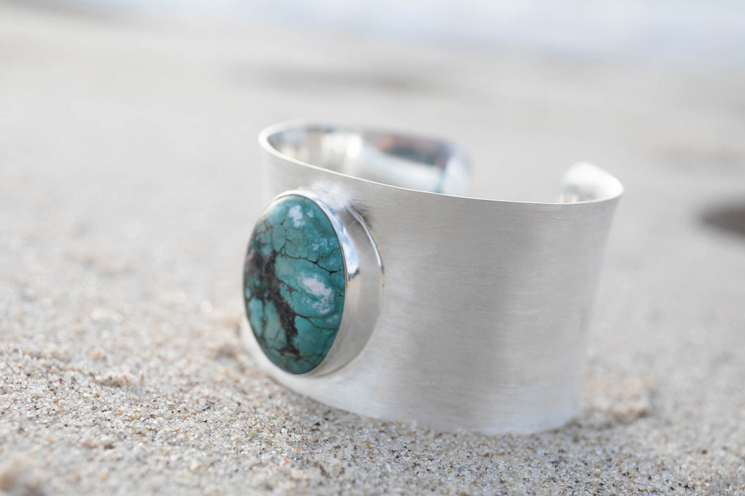Turquoise Cuff Bangle in Solid Brushed Sterling Silver