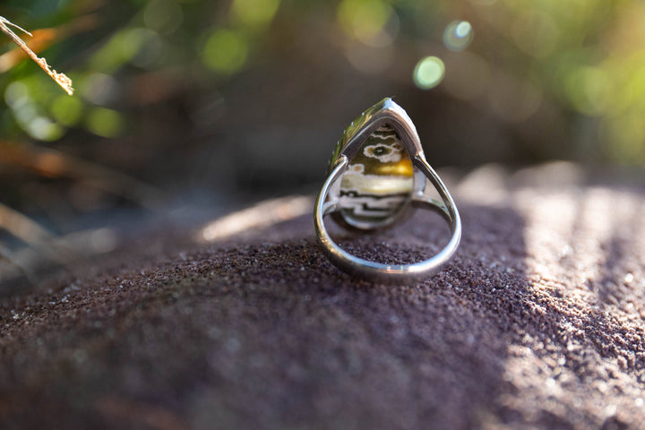 Green Teardrop Ocean Jasper Ring in Tribal Sterling Silver - Size 7 US