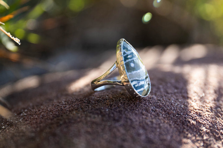 Green Teardrop Ocean Jasper Ring in Tribal Sterling Silver - Size 7 US