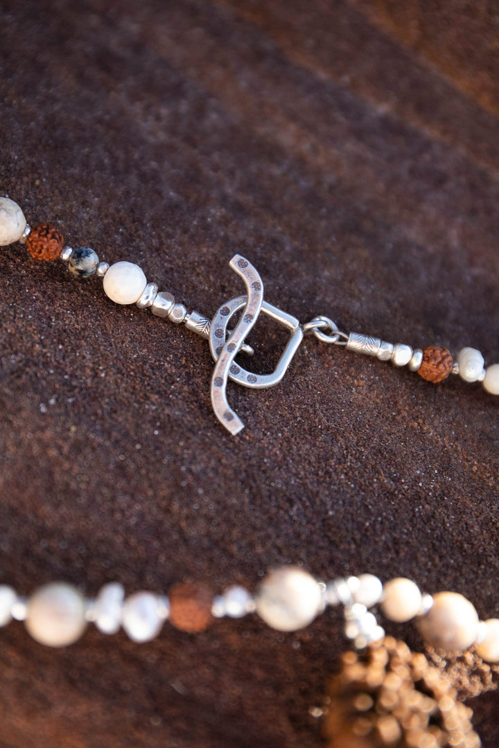 Beaded Dendritic Agate, Freshwater Pearl and Rudraksha Necklace with Thai Hill Tribe Silver