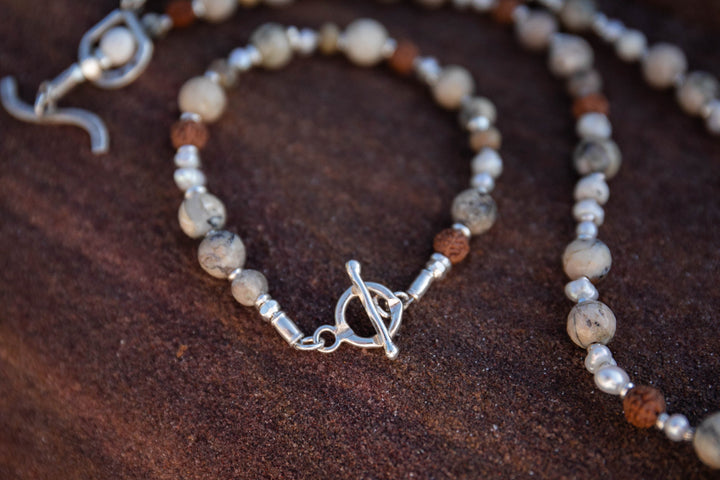 Earthy Faceted Dendritic Agate, Freshwater Pearl and Rudraksha Bracelet with Thai Hill Tribe Silver Beads