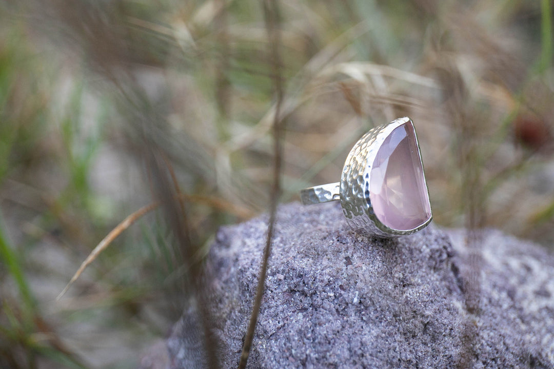 Faceted Rose Quartz Ring in Sterling Silver Setting - Size 9 US