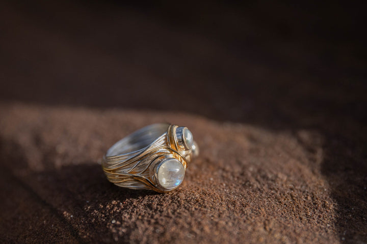 Rainbow Moonstone and Pearl Ring Set in 14k Gold Plated and Sterling Silver - Size 6.5 US