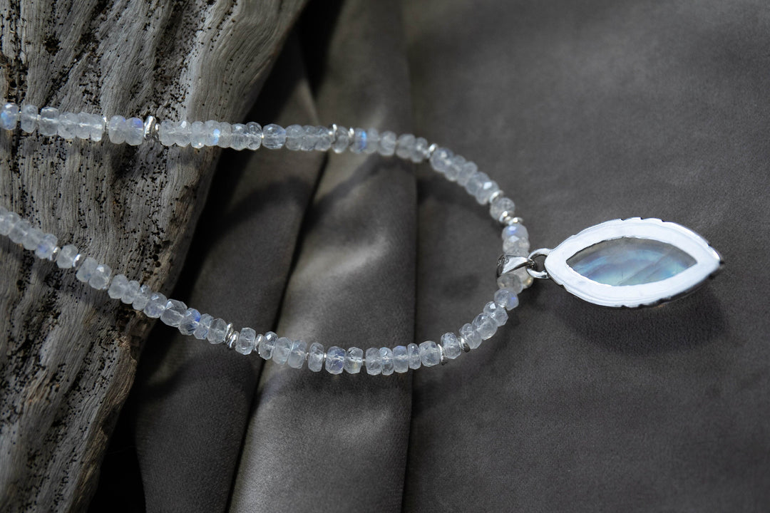 Rainbow Moonstone Pendant on Handmade Beaded Moonstone and Thai Hill Tribe Silver Chain