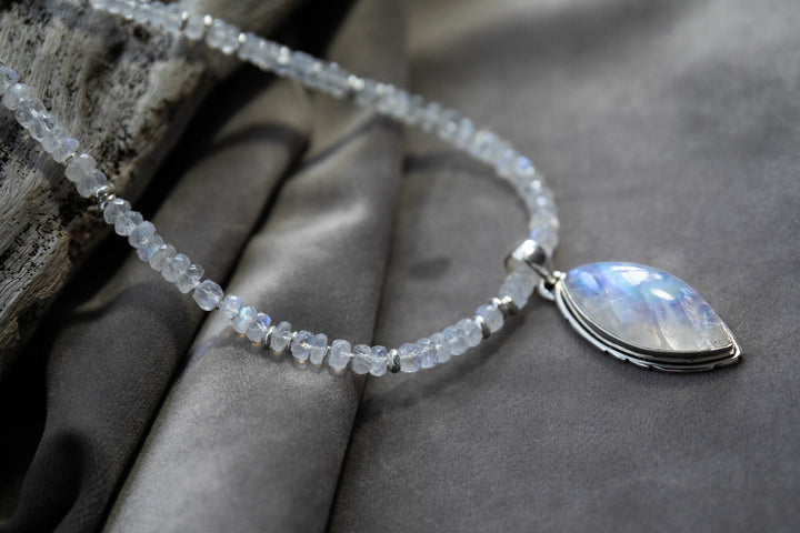 Rainbow Moonstone Pendant on Handmade Beaded Moonstone and Thai Hill Tribe Silver Chain