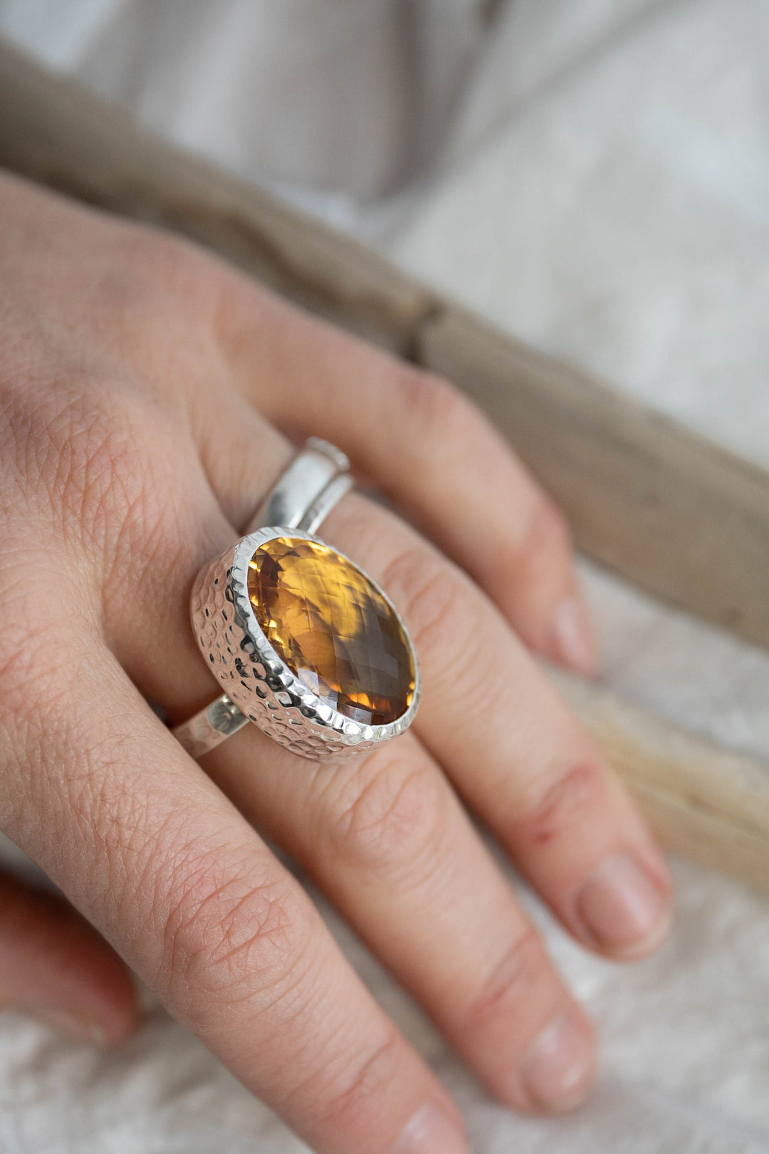 A Grade Finely Faceted Natural Citrine Ring in Chunky Beaten Sterling Silver Setting - Size 8.5 US