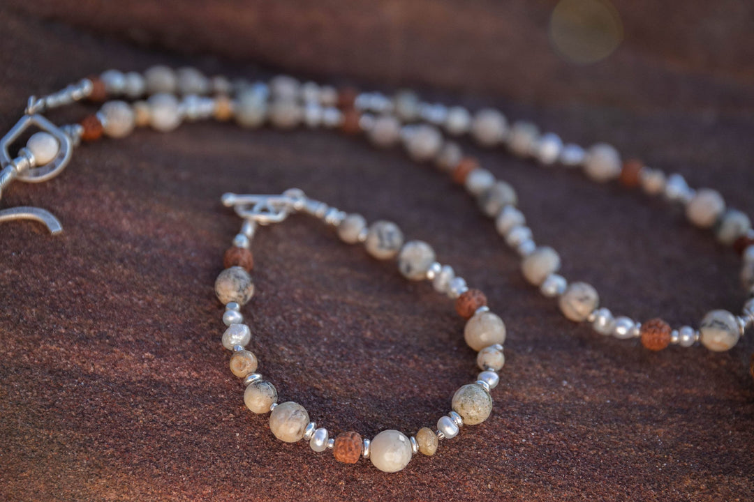 Beaded Dendritic Agate, Freshwater Pearl and Rudraksha Necklace with Thai Hill Tribe Silver