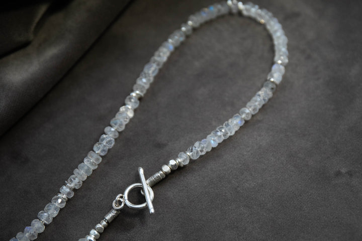 Rainbow Moonstone Pendant on Handmade Beaded Moonstone and Thai Hill Tribe Silver Chain