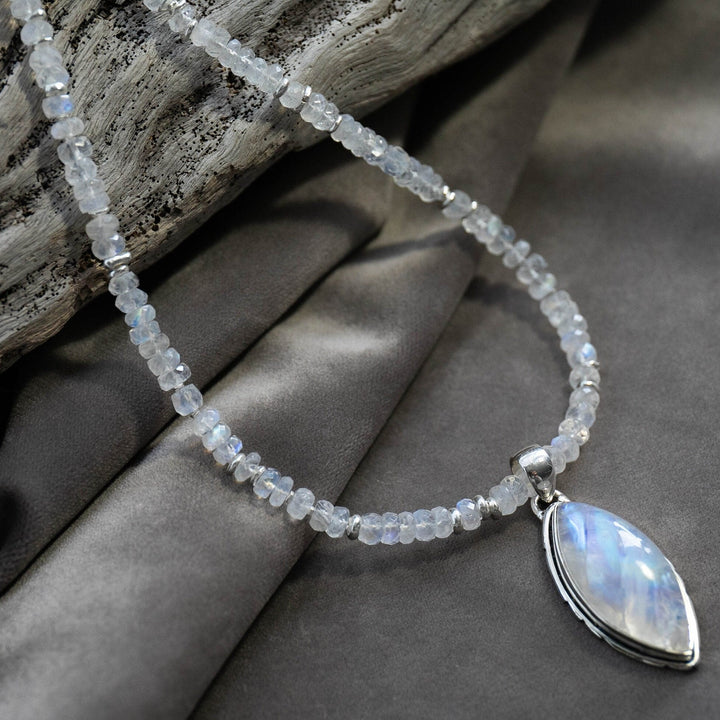 Rainbow Moonstone Pendant on Handmade Beaded Moonstone and Thai Hill Tribe Silver Chain