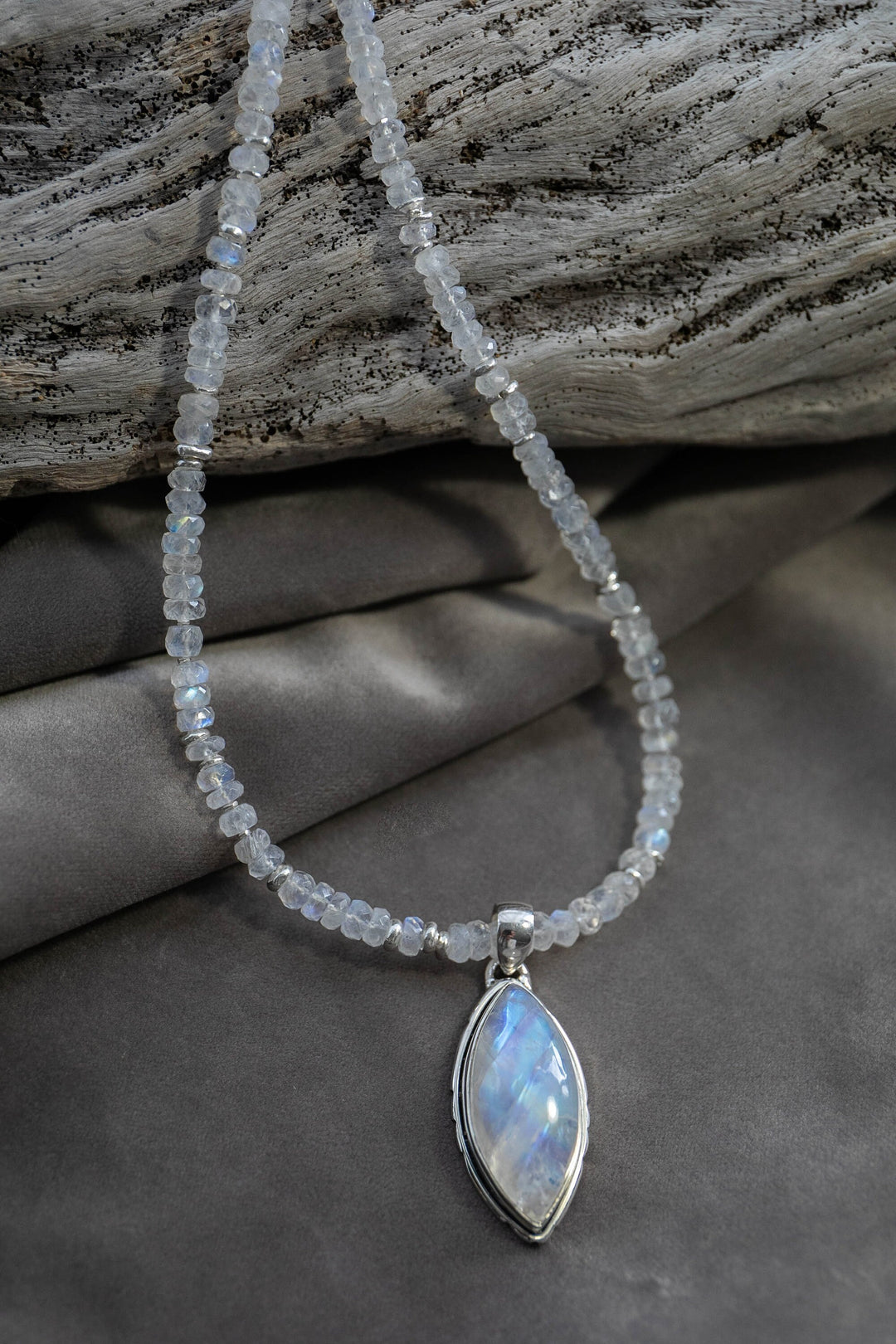 Rainbow Moonstone Pendant on Handmade Beaded Moonstone and Thai Hill Tribe Silver Chain