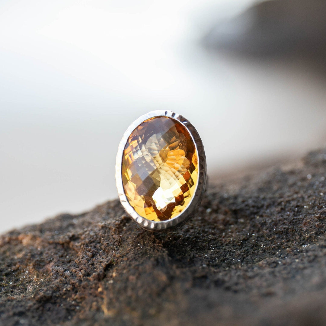 A Grade Finely Faceted Natural Citrine Ring in Chunky Beaten Sterling Silver Setting - Size 8.5 US