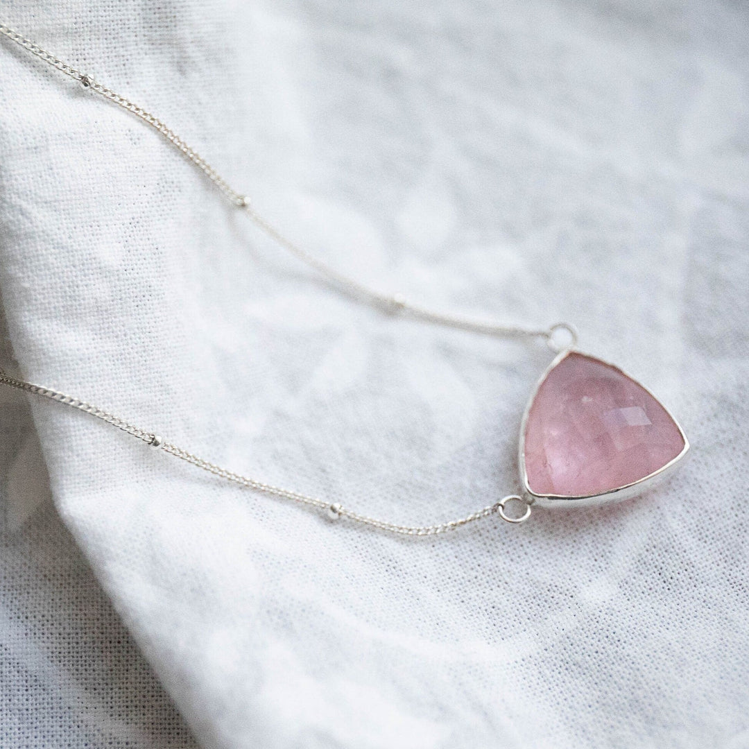 Triangle Rose Quartz Faceted Teardrop Pendant on Fine Sterling Silver Chain