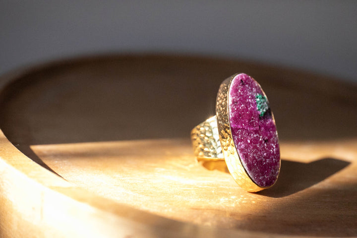 Pink Cobalto Calcite Ring set in Beaten Gold Plated Sterling Silver with Adjustable Band