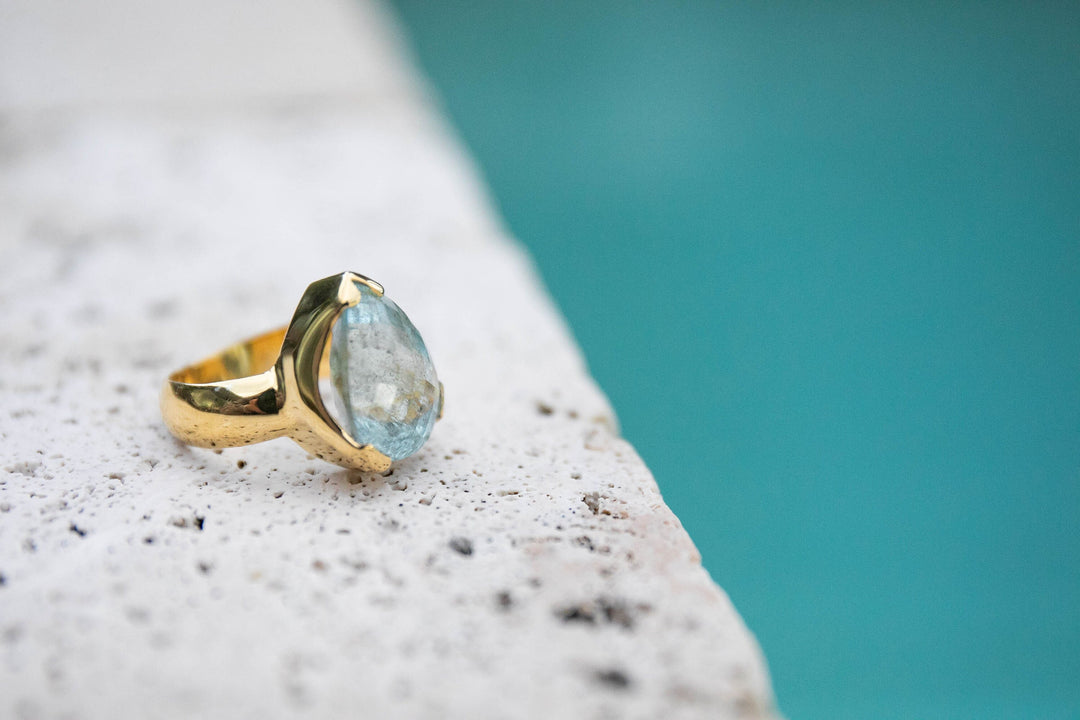 Faceted Moss Aquamarine Ring in 14k Gold Plated Sterling Silver - Size 7 US