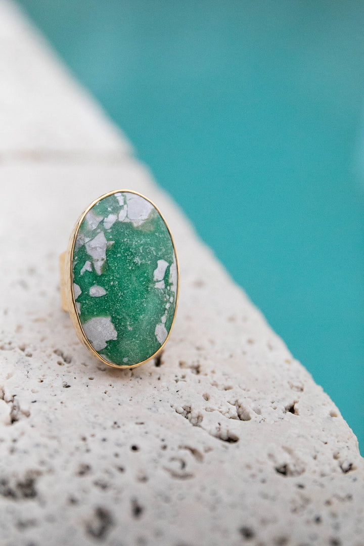 Variscite Ring set in Beaten 14k Gold Plated Sterling Silver with Adjustable Band