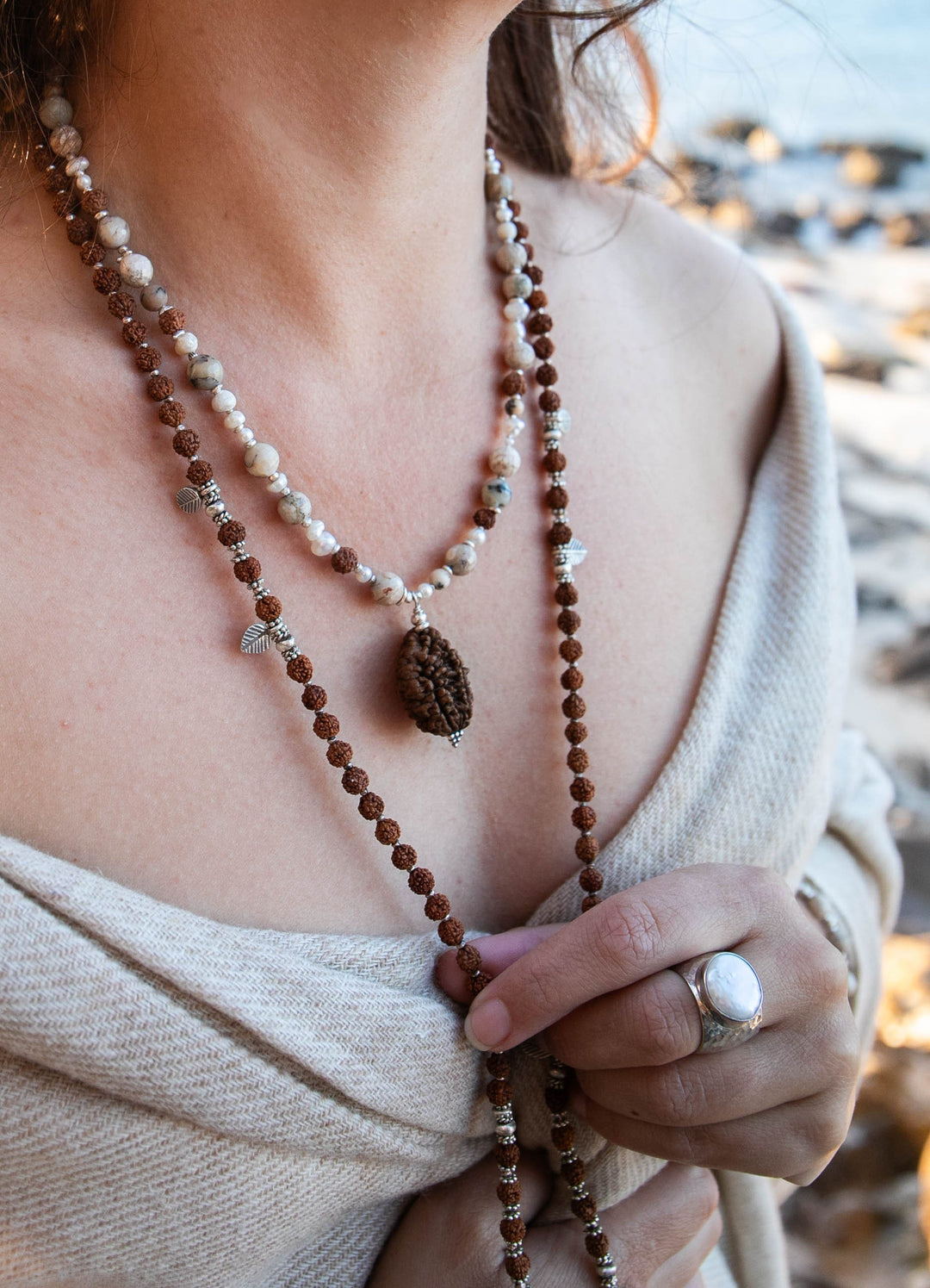 Sacred Rudraksha + Thai Hill Tribe Silver 108 Beaded Mala Necklace with Leaf Charms