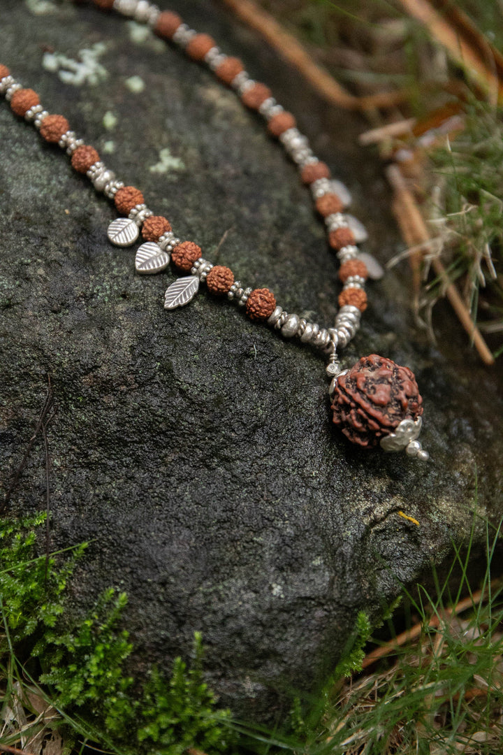 Sacred Rudraksha + Thai Hill Tribe Silver 108 Beaded Mala Necklace with Leaf Charms