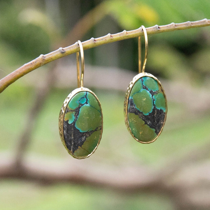 Genuine Turquoise Earrings set in Beaten Gold Plated Sterling Silver