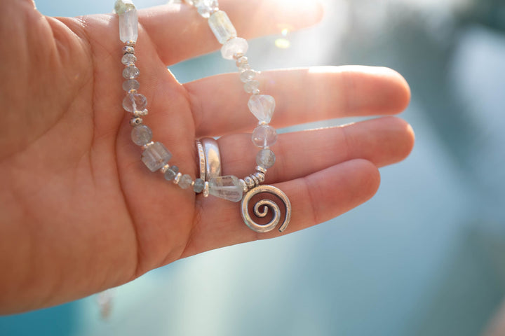 Ocean Inspired Handmade Mixed Aquamarine Short Necklace with Hill Tribe silver Beads and Spiral Pendant