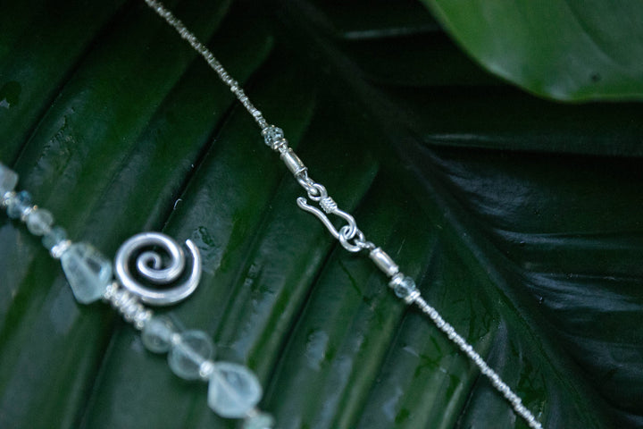 Ocean Inspired Handmade Mixed Aquamarine Short Necklace with Hill Tribe silver Beads and Spiral Pendant