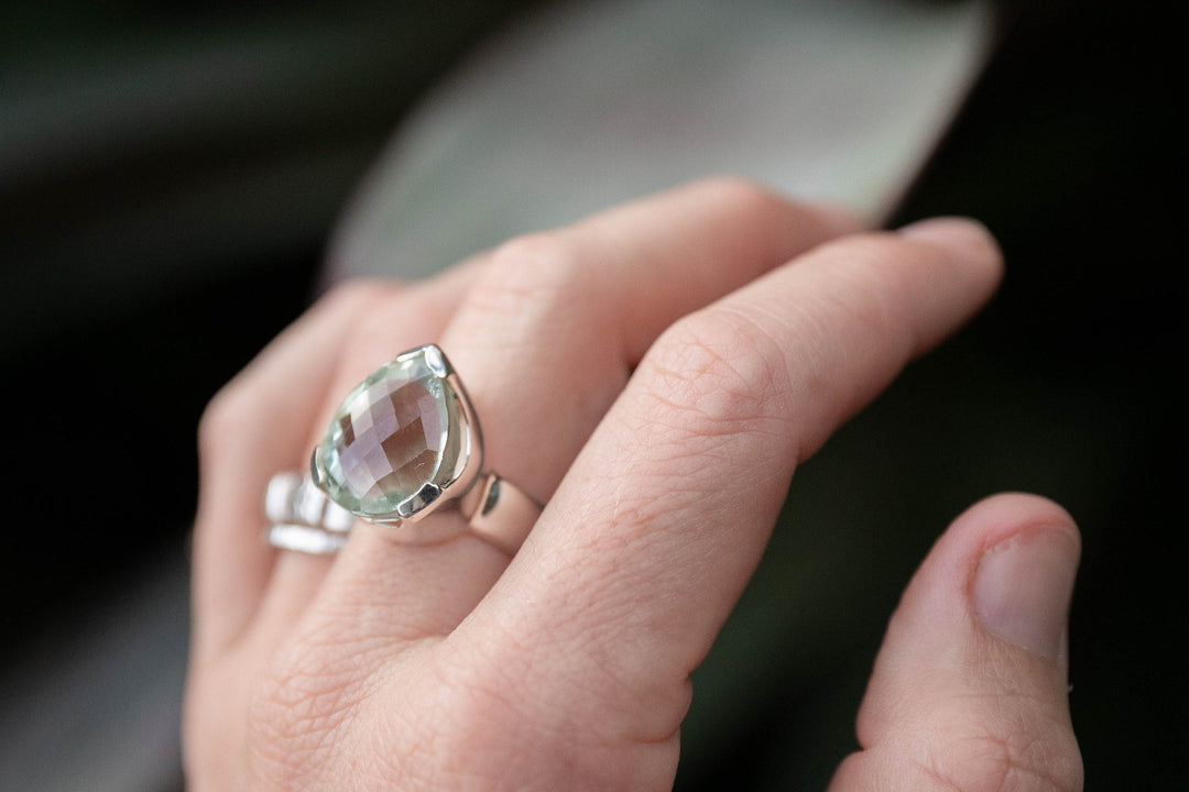 Faceted Green Amethyst (Prasiolite) Ring set in Unique Sterling Silver Setting - Size 9 US