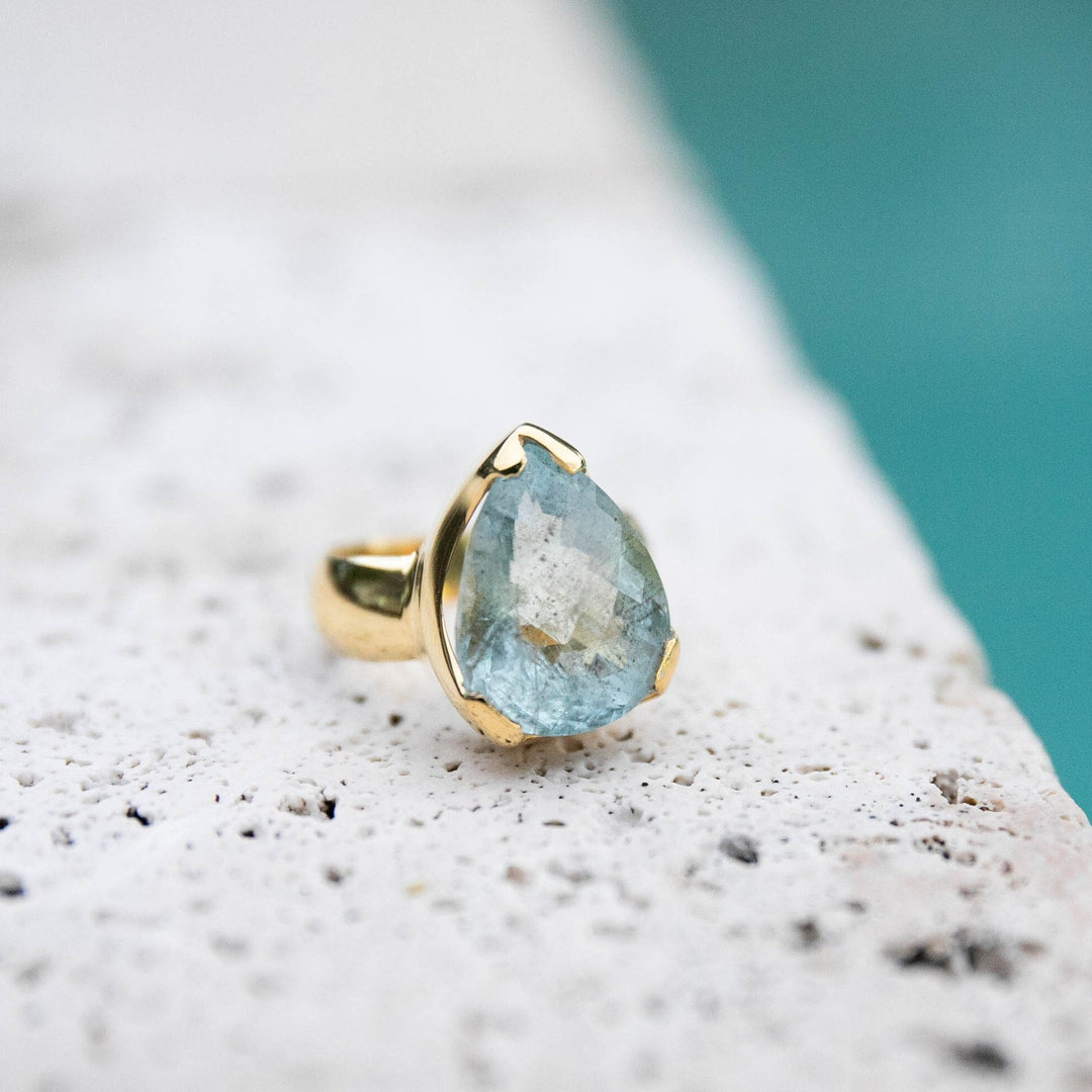 Faceted Moss Aquamarine Ring in 14k Gold Plated Sterling Silver - Size 7 US