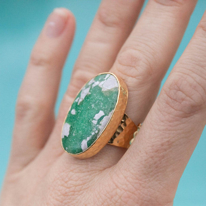Variscite Ring set in Beaten 14k Gold Plated Sterling Silver with Adjustable Band
