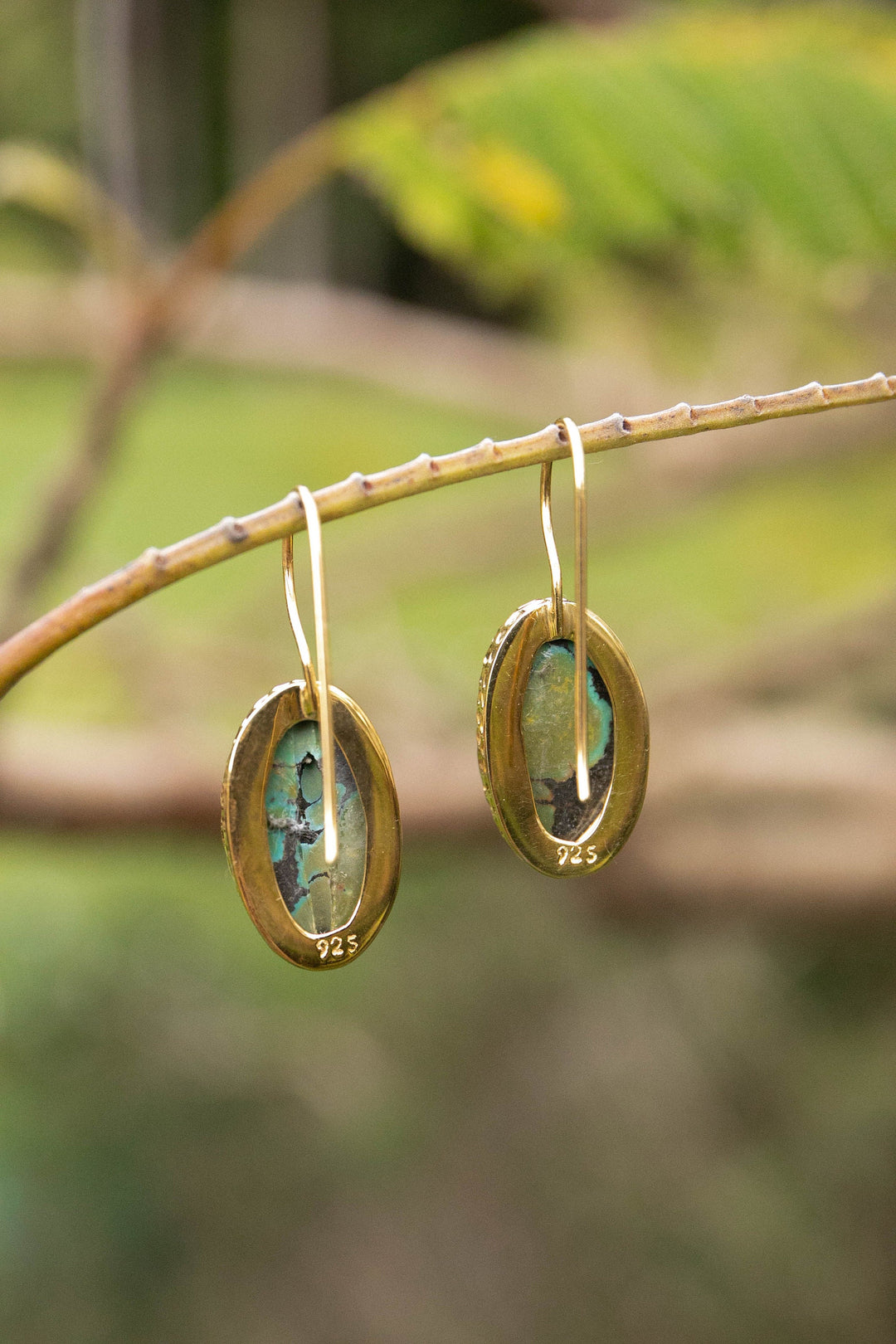 Genuine Turquoise Earrings set in Beaten Gold Plated Sterling Silver