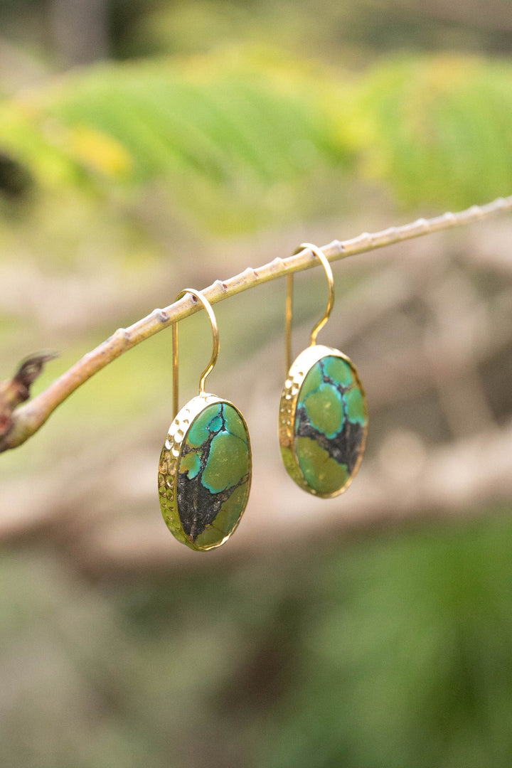 Genuine Turquoise Earrings set in Beaten Gold Plated Sterling Silver