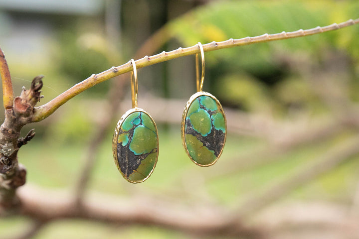 Genuine Turquoise Earrings set in Beaten Gold Plated Sterling Silver