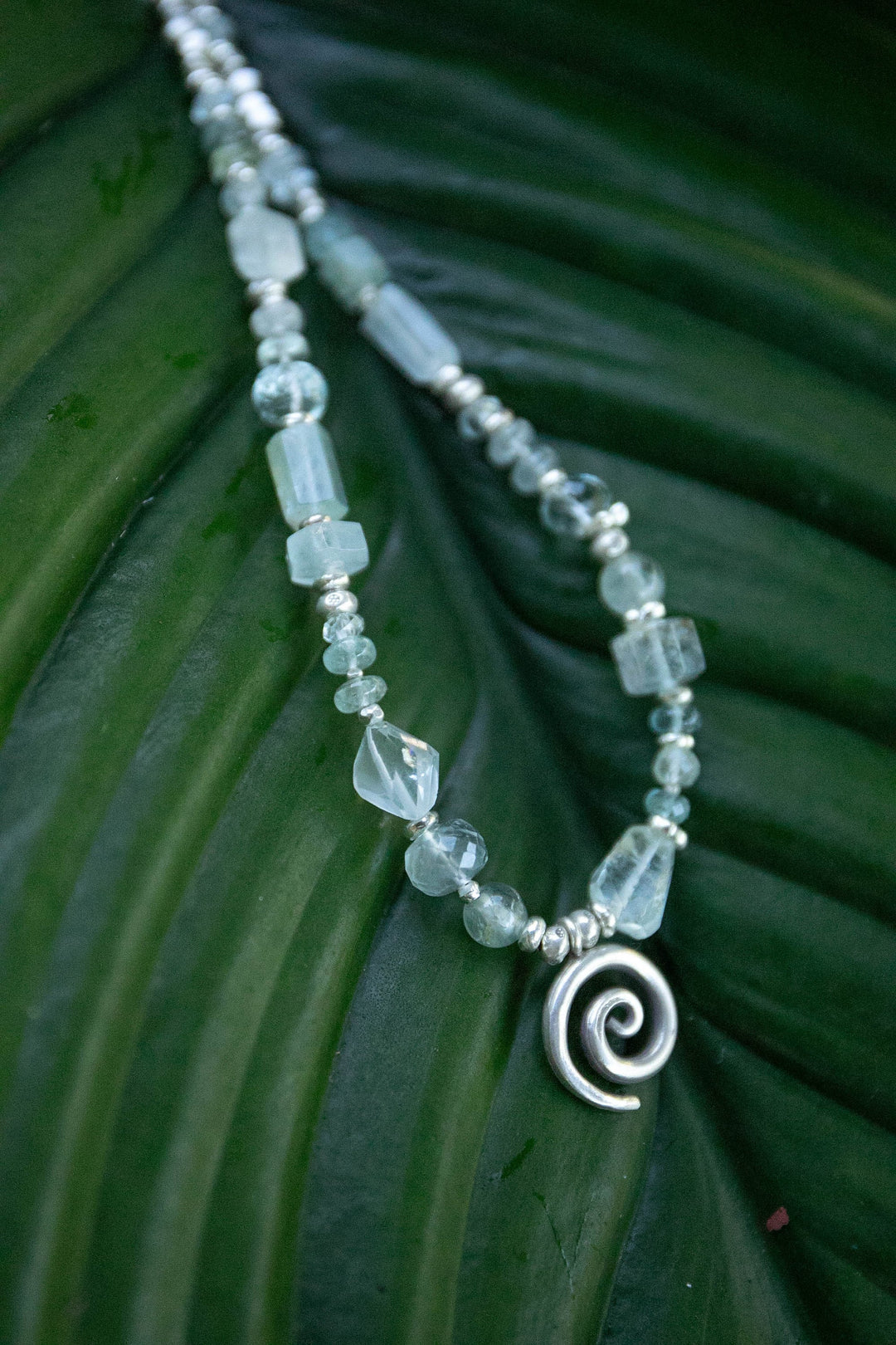 Ocean Inspired Handmade Mixed Aquamarine Short Necklace with Hill Tribe silver Beads and Spiral Pendant